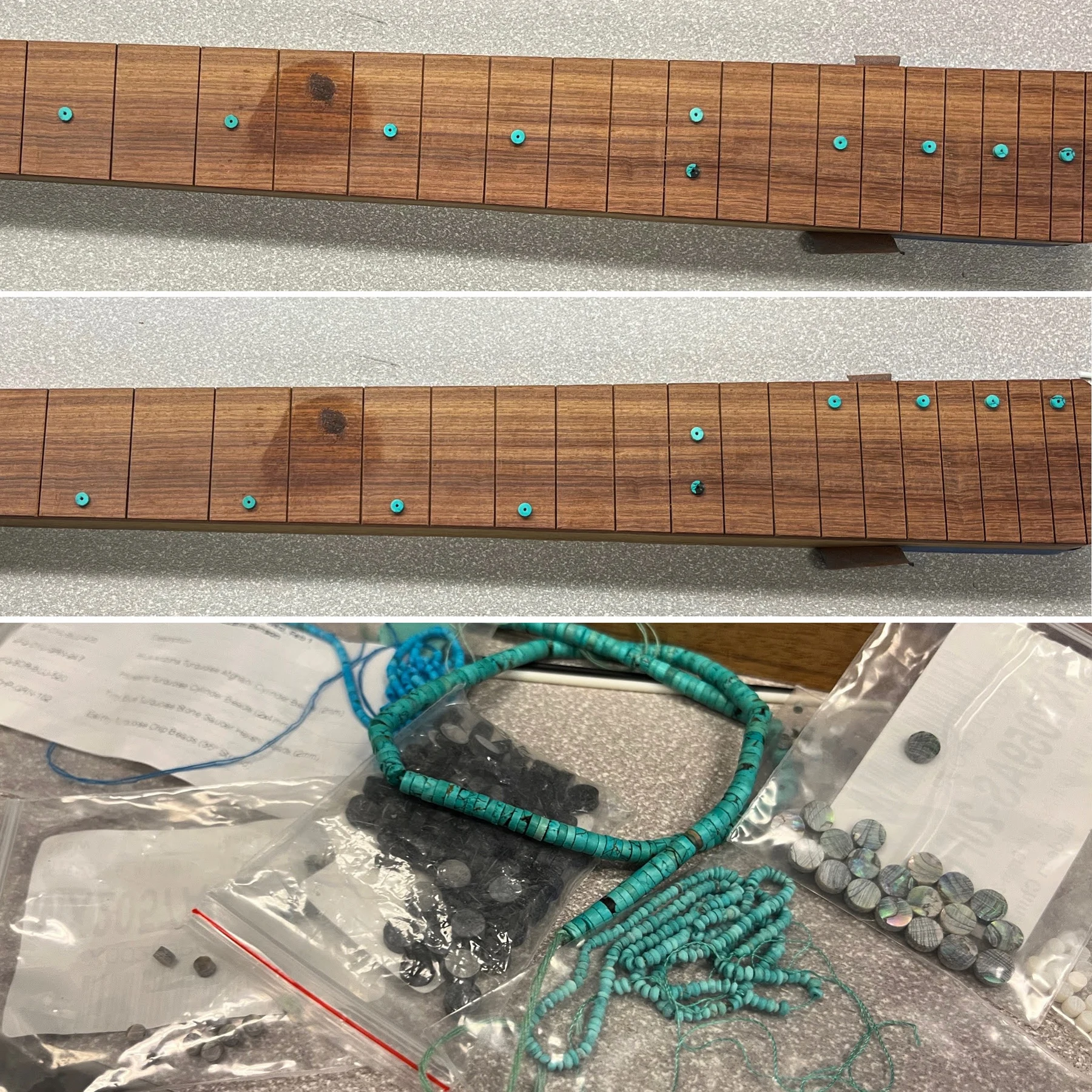 Custom turquoise-colored dots along two wooden fretboards, with the source beads below
